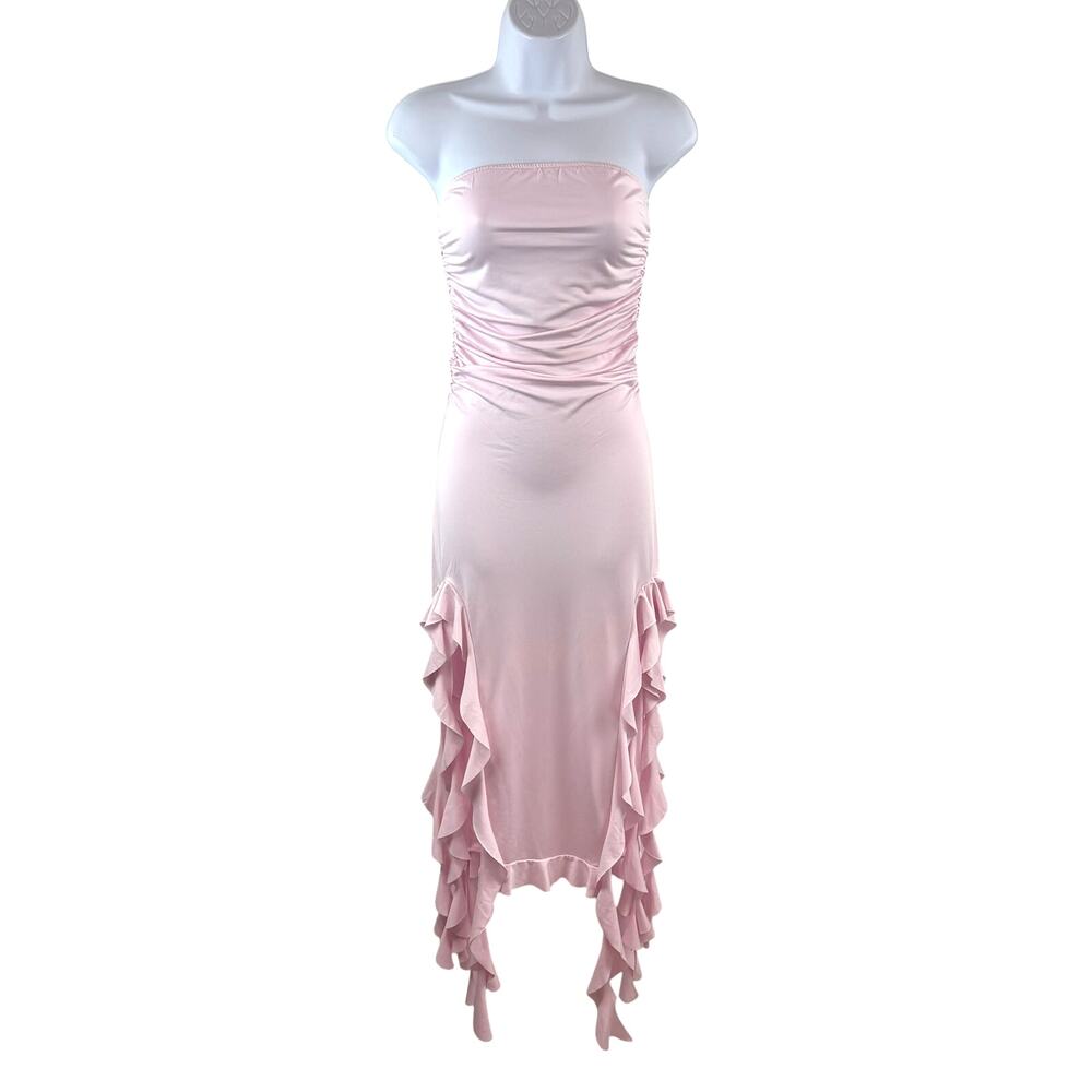 Pastel Pink Fairycore Dress Midi Side Slit Ruffles Y2K